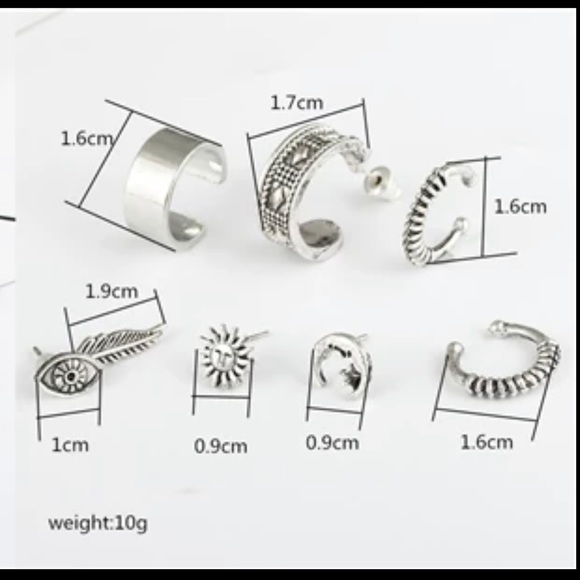 Silver Boho Cuff Leaf Moon Stud Earrings Set of 8 - Picture 2 of 3